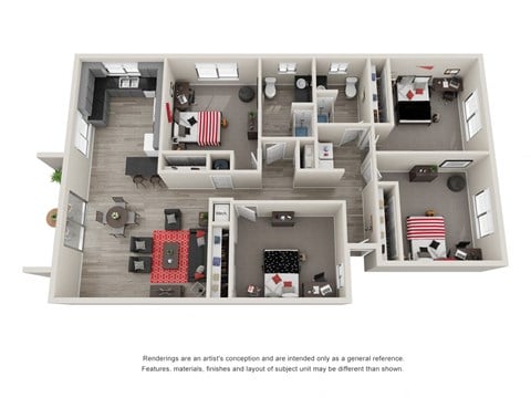 Floor plan for 4 beds, 2 baths, 353 sqft